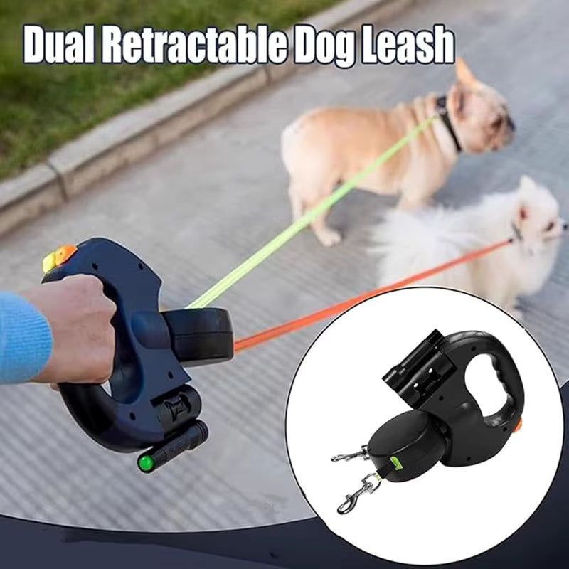 Double Dog Leash with LED Light – Tangle-Free Retractable Leash for Two Dogs
