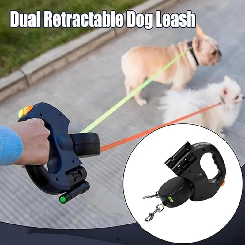 Double Dog Leash with LED Light – Tangle-Free Retractable Leash for Two Dogs