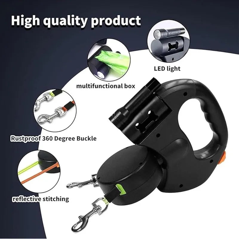 Double Dog Leash with LED Light – Tangle-Free Retractable Leash for Two Dogs