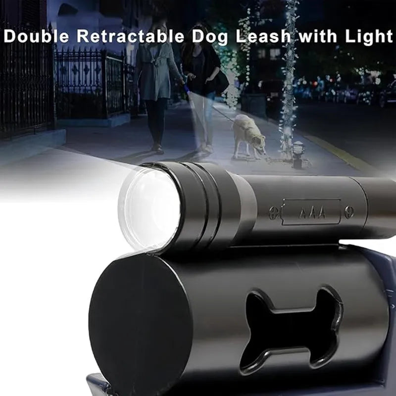 Double Dog Leash with LED Light – Tangle-Free Retractable Leash for Two Dogs