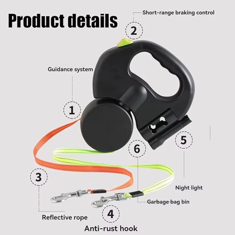 Double Dog Leash with LED Light – Tangle-Free Retractable Leash for Two Dogs