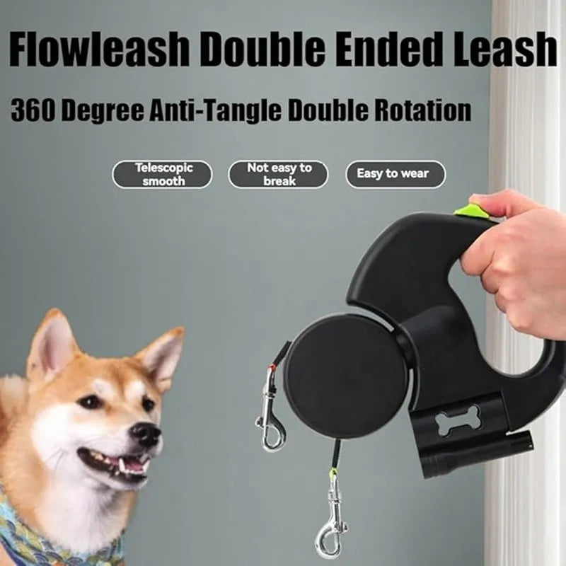 Double Dog Leash with LED Light – Tangle-Free Retractable Leash for Two Dogs