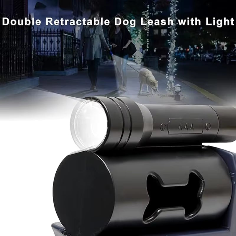 Double Dog Leash with LED Light – Tangle-Free Retractable Leash for Two Dogs