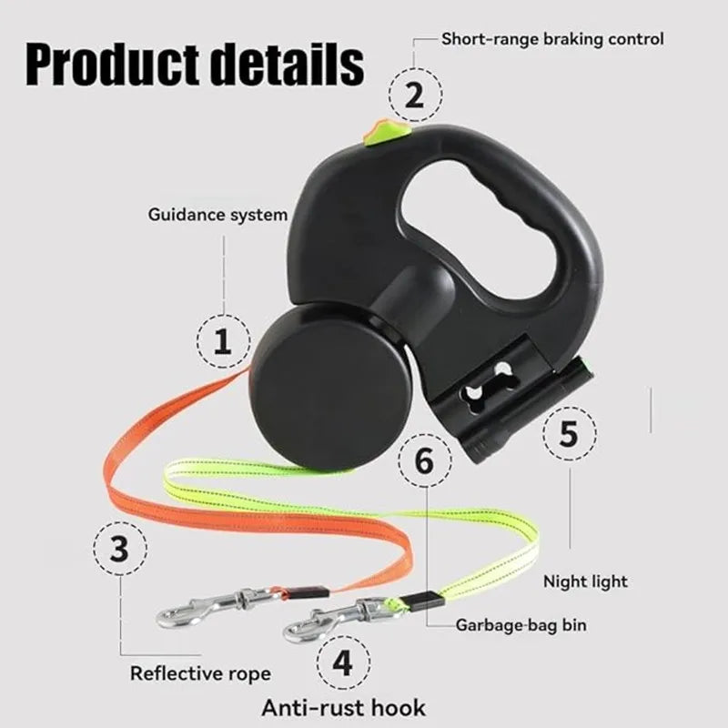 Double Dog Leash with LED Light – Tangle-Free Retractable Leash for Two Dogs